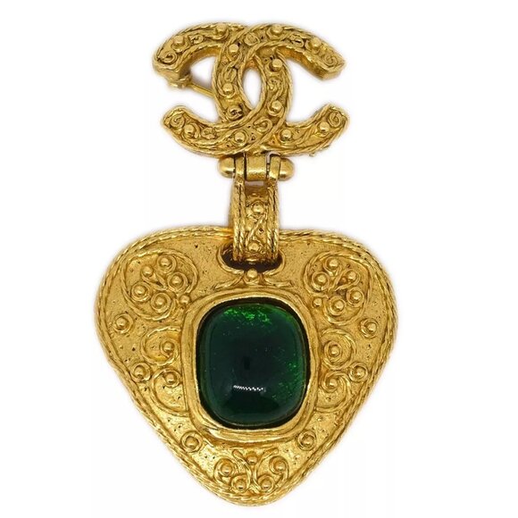Chanel Gripoix Brooch Pin Gold Green 94A - Picture 1 of 8